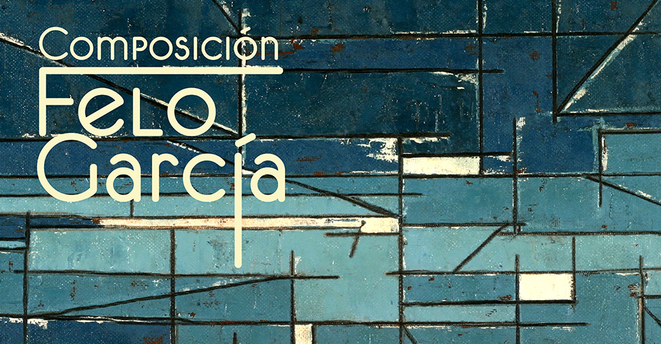 Identidad gráfica de la exposición con imagen de la obra "Estructura Urbana" del artista costarricense Felo García.